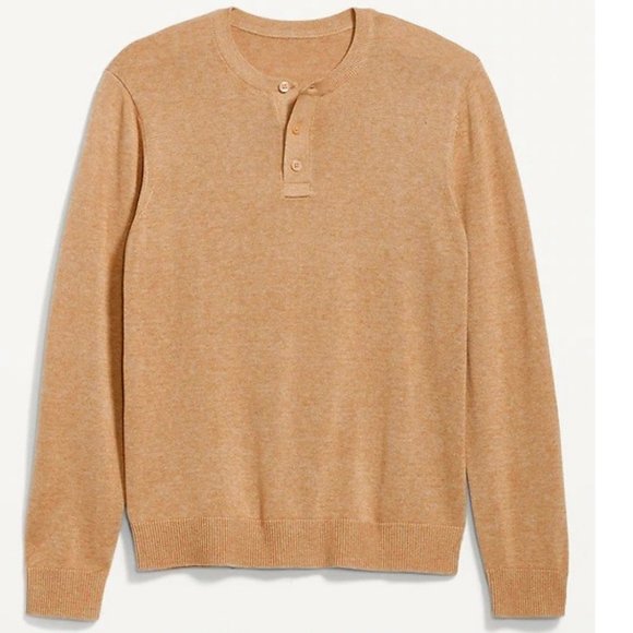 Henley Sweater: (3) Button. Crewneck. Long Sleeve.  Cotton Blend. Tan - Picture 3 of 6